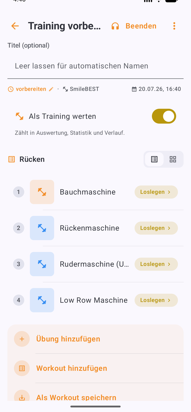 Training vorbereiten mit Übungsübersicht
