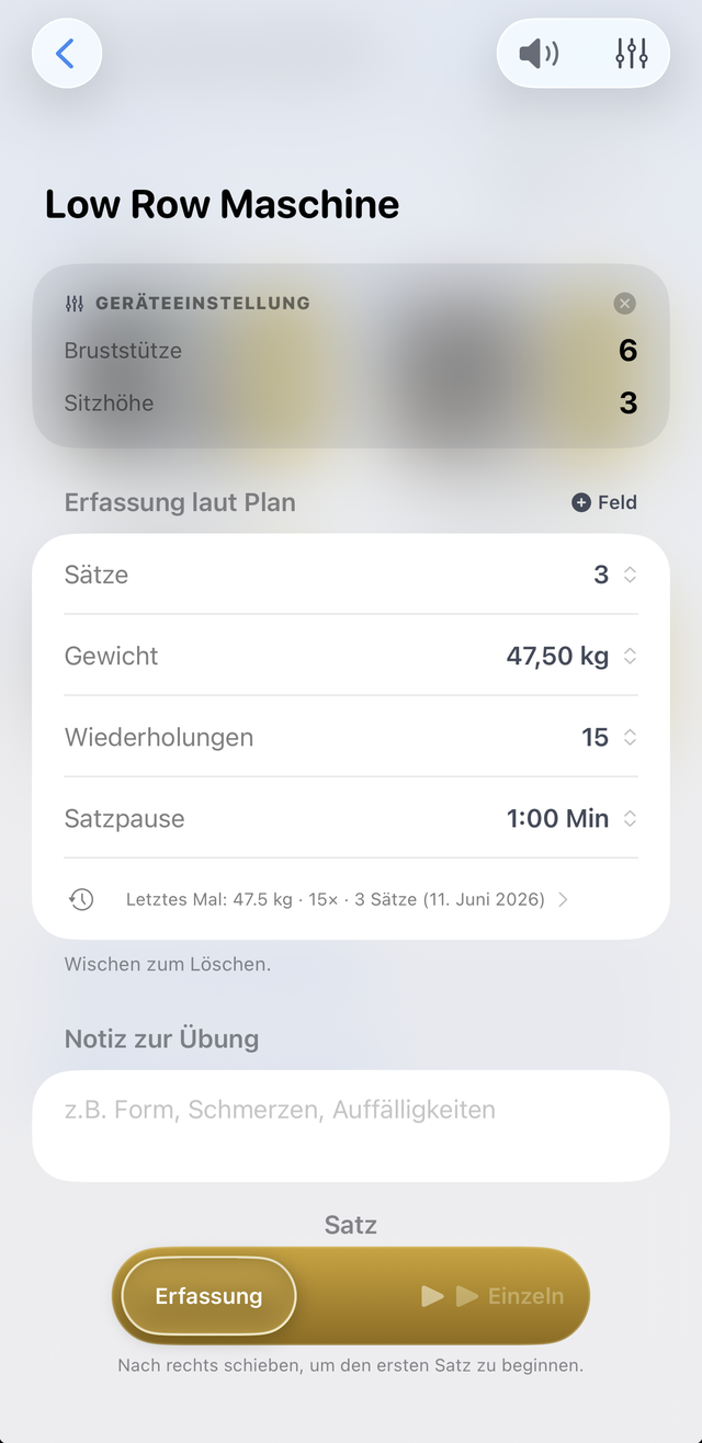 Übungs-Auswertung mit Sweep, Top-Satz und e1RM