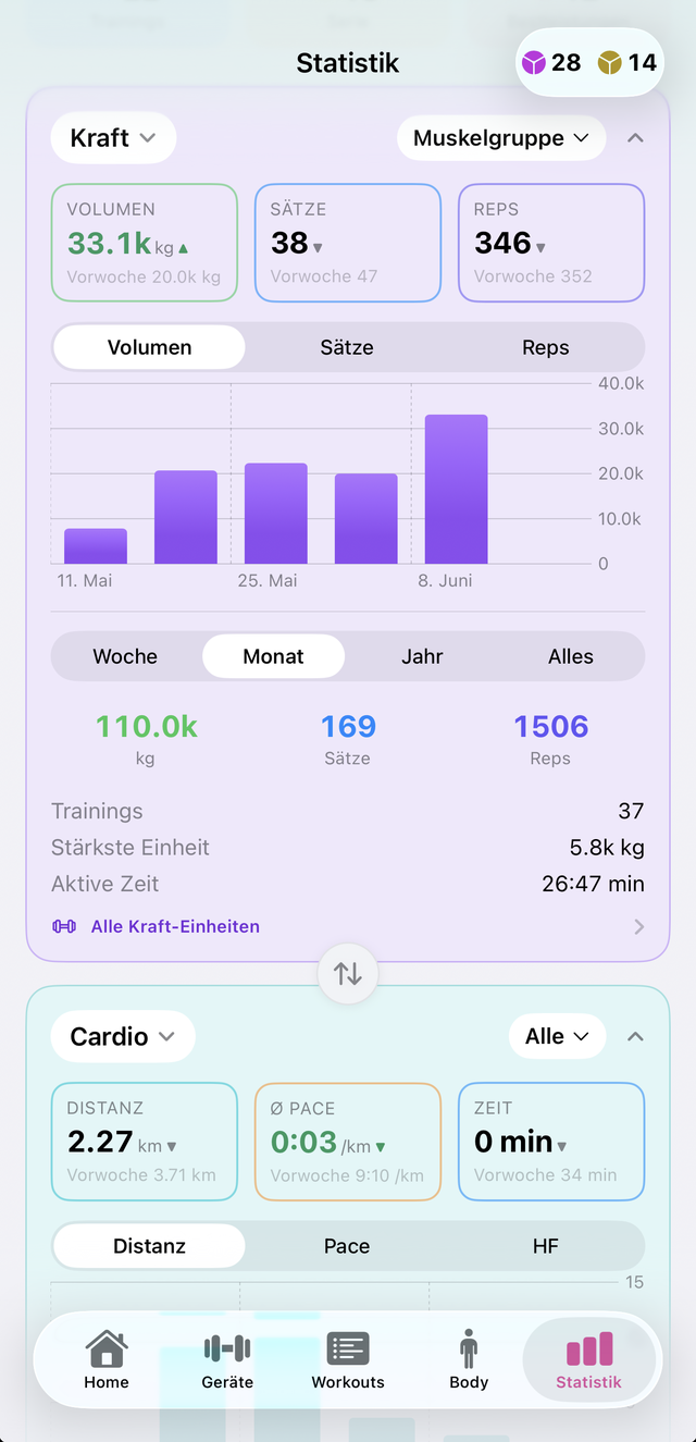 Statistik: Cardio und Kraft in einer Ansicht